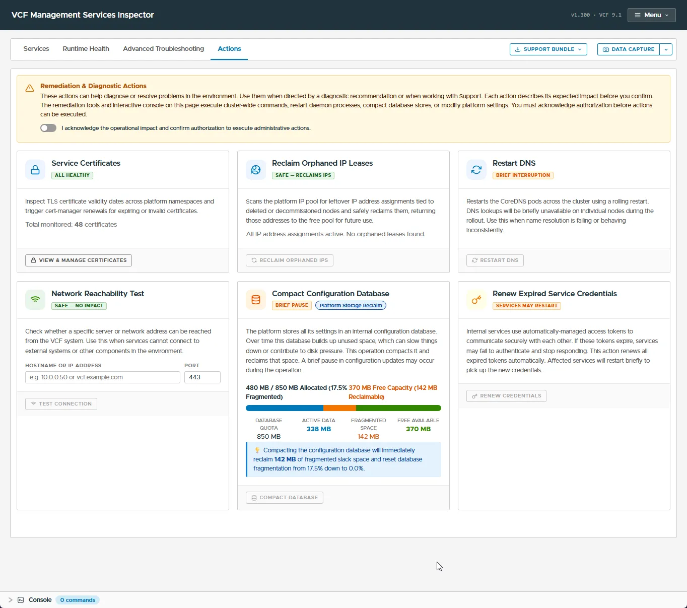 Actions tab showing six remediation actions with impact badges: Service Certificates, Reclaim Orphaned IP Leases, Restart DNS, Network Reachability Test, Compact Configuration Database, and Renew Expired Service Credentials