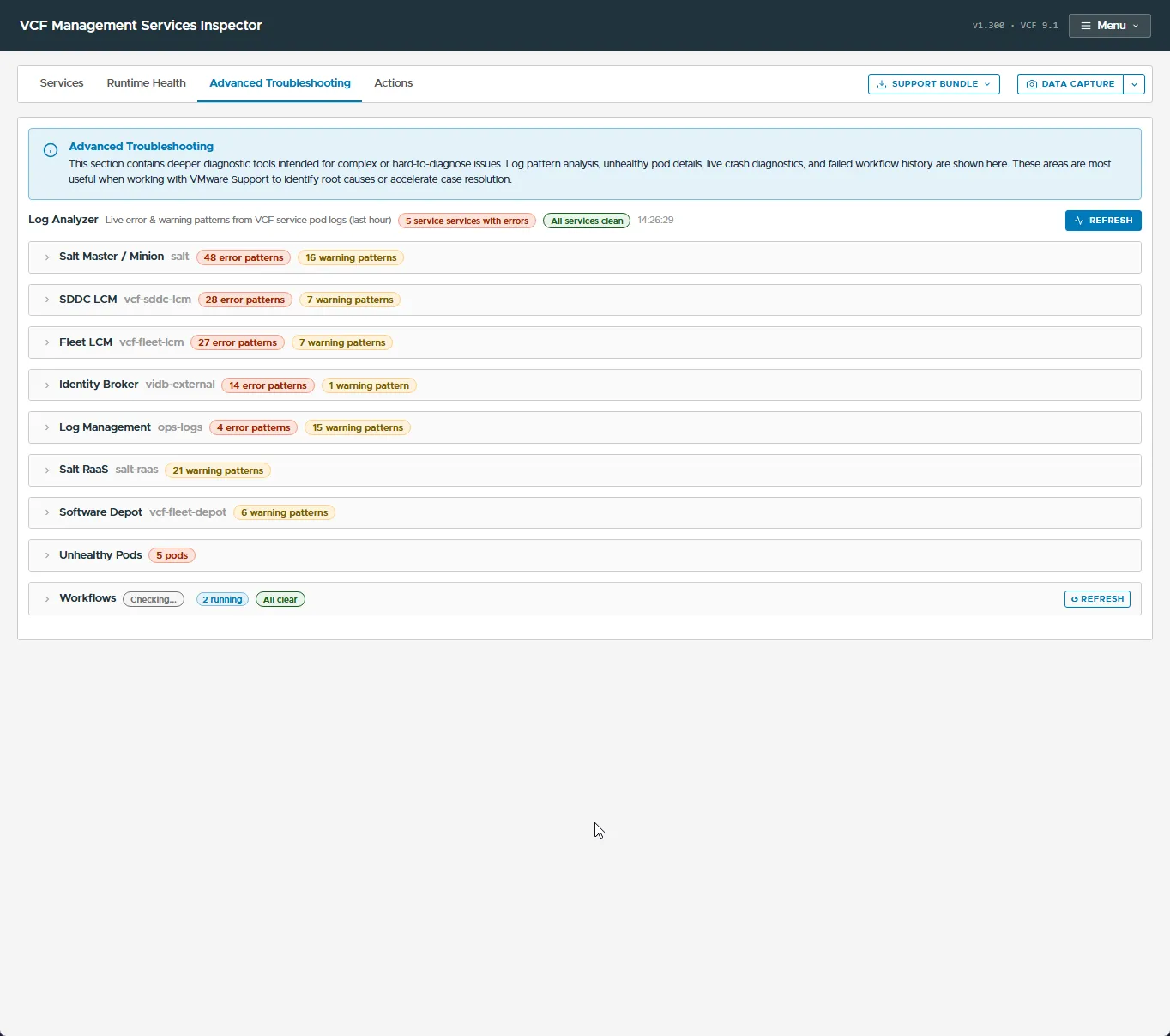 Advanced Troubleshooting tab showing the Log Analyzer's per-service error and warning pattern counts, Unhealthy Pods, and Workflows panels