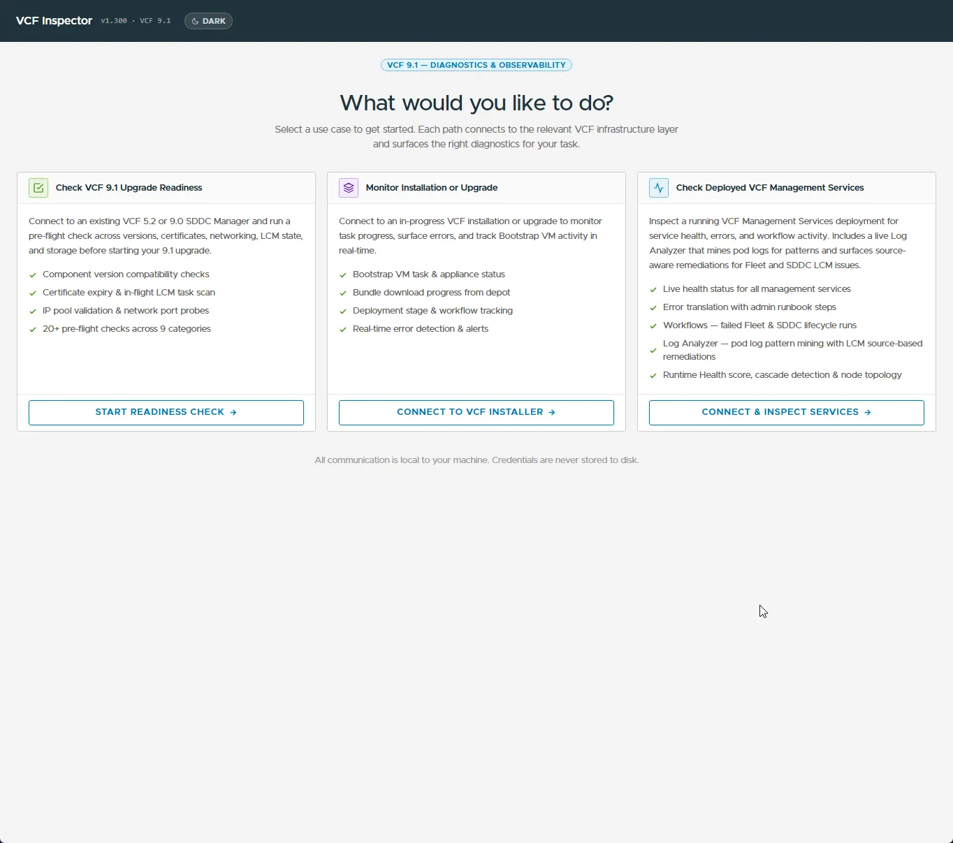 VCF Inspector landing screen with three use-case cards: Check VCF 9.1 Upgrade Readiness, Monitor Installation or Upgrade, and Check Deployed VCF Management Services