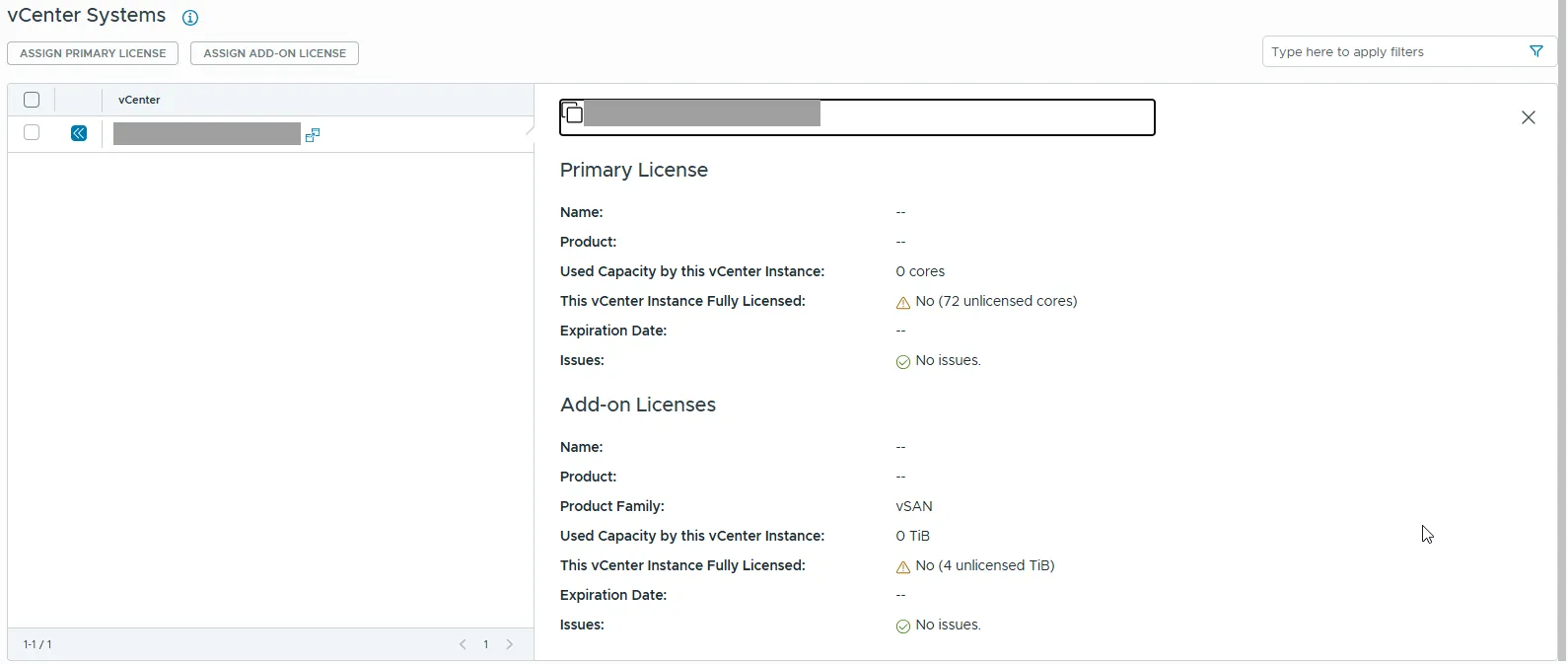 VCF Operations, Licenses > vCenter Systems with one vCenter selected and no license assigned: the detail panel shows Used Capacity by this vCenter Instance 0 cores and This vCenter Instance Fully Licensed "No (72 unlicensed cores)"; the vSAN add-on shows "No (4 unlicensed TiB)"